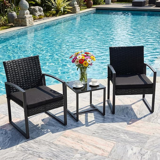 Bezseller 3 Pieces Patio Furniture Set, Outdoor Rattan Bistro Set with Coffee Table, Durable Steel Frame with Strapped Cushions for Garden, Balcony, Poolside, Backyard