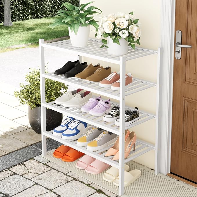 Smiry Bamboo Shoe Rack, 4 Tier Free Standing Wooden Shoe Organizer, Stackable Wood Shoe Storage Shelf for Closet, Entryway, 14 Vertical Slats, 2+2 Stack Heavy-Duty Legs, 26.8"x11"x26", White