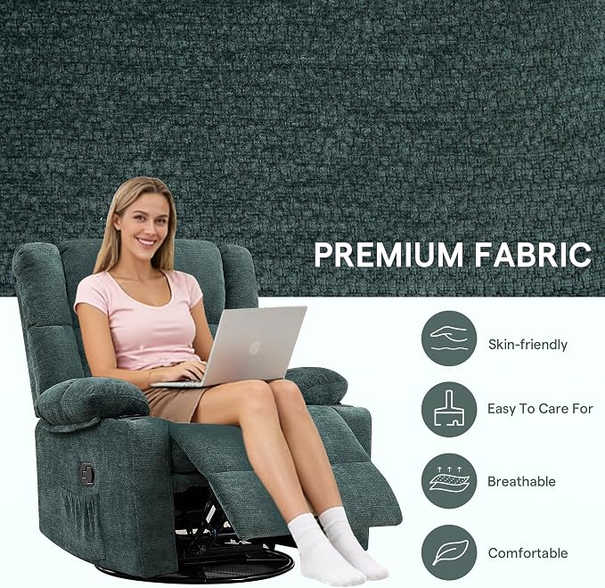 Swivel Rocker Recliner,Rocking Reclining Chair with Adjustable Headrest for Adults,Upholstered Fabric Swivel Recliner Chair for Bedroom,Living Room,Green
