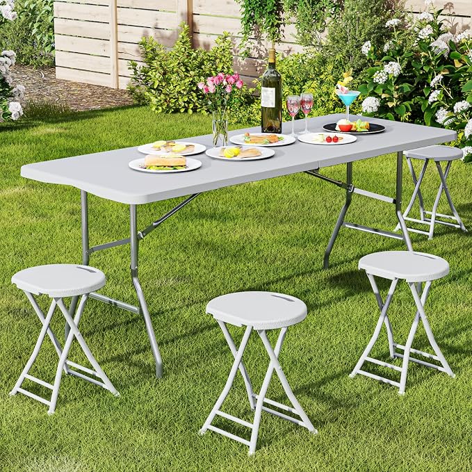 Folding Stool, 18 Inch Foldable Stool with Handle & Steel Frame, Pack of 2 Folding Bar Stools, 440lbs Sturdy Foldable Lightweight Metal Chair for Camping, Indoor and Outdoor, White