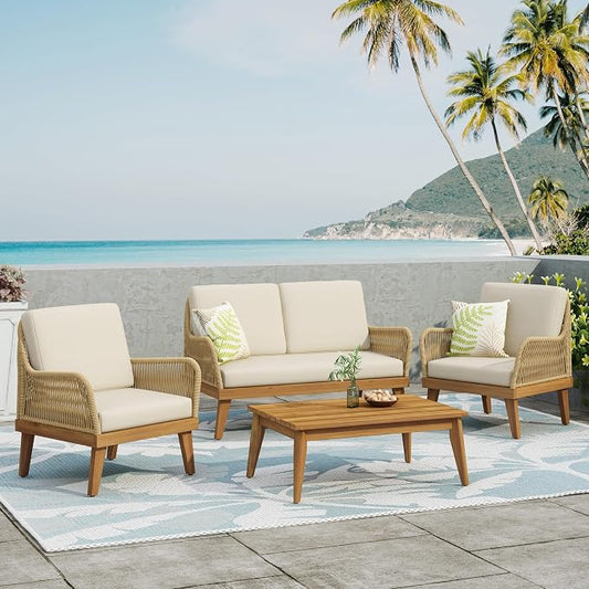VilroCaz 4-Pieces Acacia Wood Patio Furniture Set, All-Weather Outdoor Patio Conversation Set with Coffee Table and Soft Cushions, Rope Weave Porch Chairs for Garden Backyard Porch Balcony