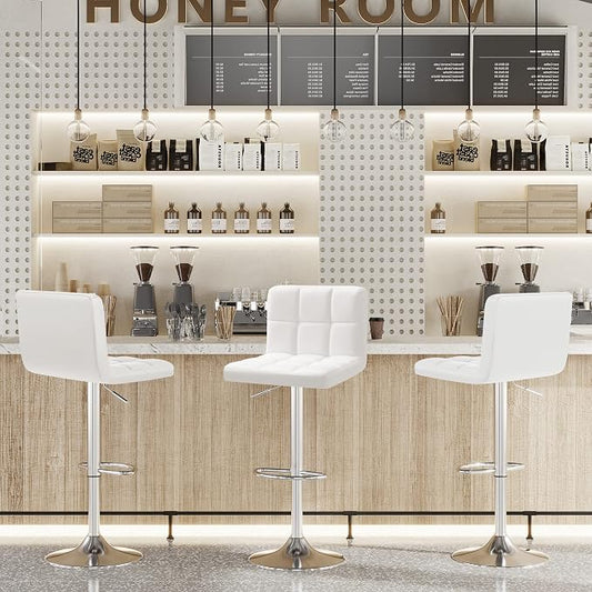 Furniwell Bar Stools Modern Pu Leather Swivel Adjustable Barstools Armless Counter Height Swivel Bar Stool Synthetic Leather Height Square Barstool with Set of 2 (White)