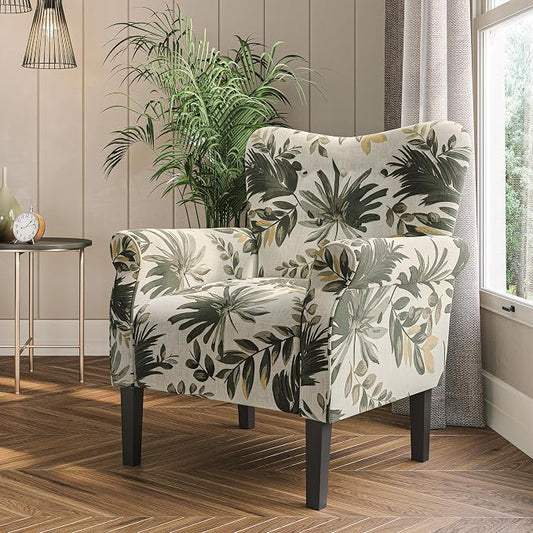 BELLEZE Modern Accent Chair, High Back Armchair, Upholstered Wingback Side Chair, Padded Single Sofa with Wooden Legs for Living Room, Bedroom - Green Floral