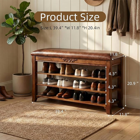 Shoe Rack Bench Entryway Storage with Leather Cushion, Shoe Organizer Bench for Entryway, Front Doors Entrances Hallway,Mudroom,Closet, Bedroom,Solidwood 3 Height-Adjustable Removable Shelve,39.4"
