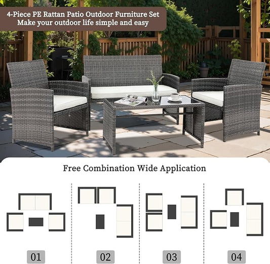 4 Piece Patio Ratten Set Outdoor Furniture Set Wicker Conversation Set with Cushions and Tempered Glass Tabletop,Beige