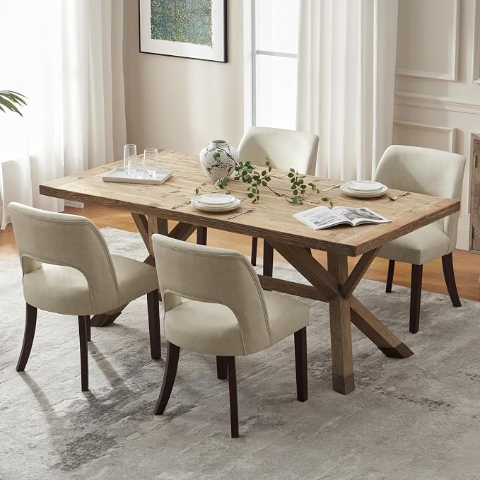 VKNOW Modern Dining Chairs Set of 2 with Rubberwood Legs, Beige | Faux Leather, Curved Back, For family, Kitchen Dining RoomRestaurant Reception Room, No wobble, 80% pre-installed