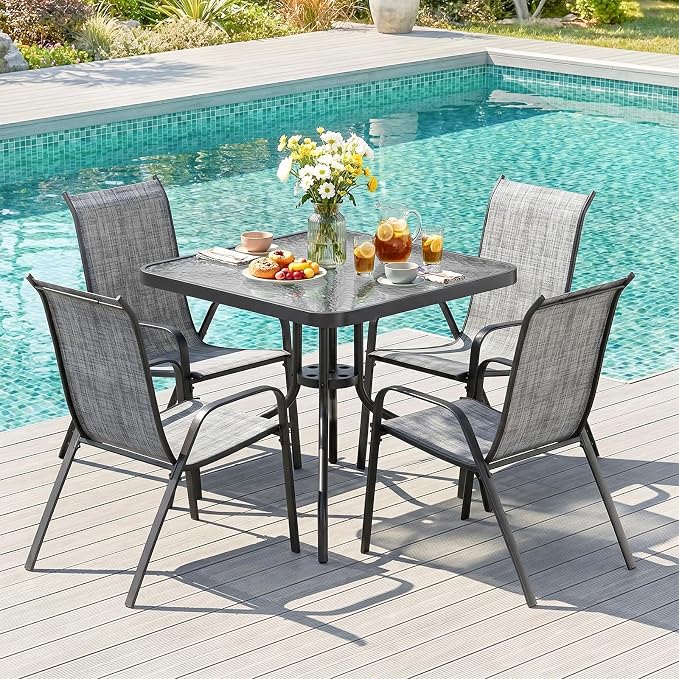 TLSUNNY Patio Dining Set 5 Pieces, All Weather Outdoor Furniture W/30"X 30" Table and 4 Stackable Textilene Chairs, Metal Table and Chairs for Lawn, Garden, Poolside, Backyard (Umbrella not Included)