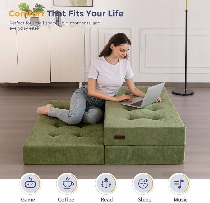 MAXYOYO 6" Folding Sofa Bed for Floor, Tufted Tri-Fold Floor Mattress with Chenille Fabric, Twin Size Portable Sofa Couch Guest Mat for Adults, Foldable Topper for Camping, Green, 35.4"x75"