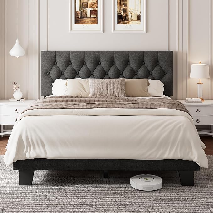 Einhomn Queen Upholstered Bed Frame with Headboard, Button Tufted Linen Bed Base, Platform Bed with Wood Slat, Heavy Duty, Easy Assembly, No Box Spring Needed, Dark Grey