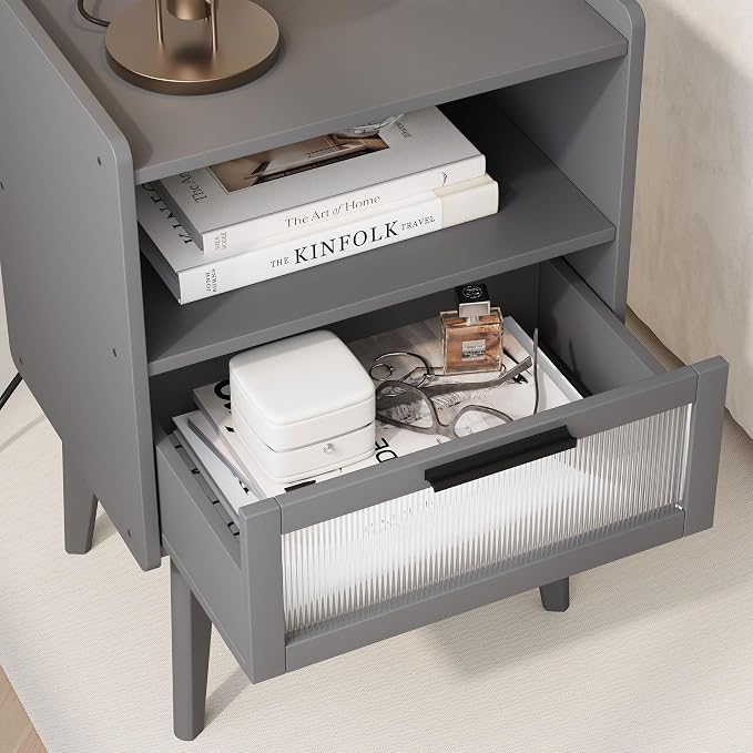 MMEOLUOOK Nightstand with Charging Station, Bedside Tables Set of 2, End Table Side Table with 2 Tiers Storage Space, for Bedroom, Living Room, Grey MLBZ07ZEV-2