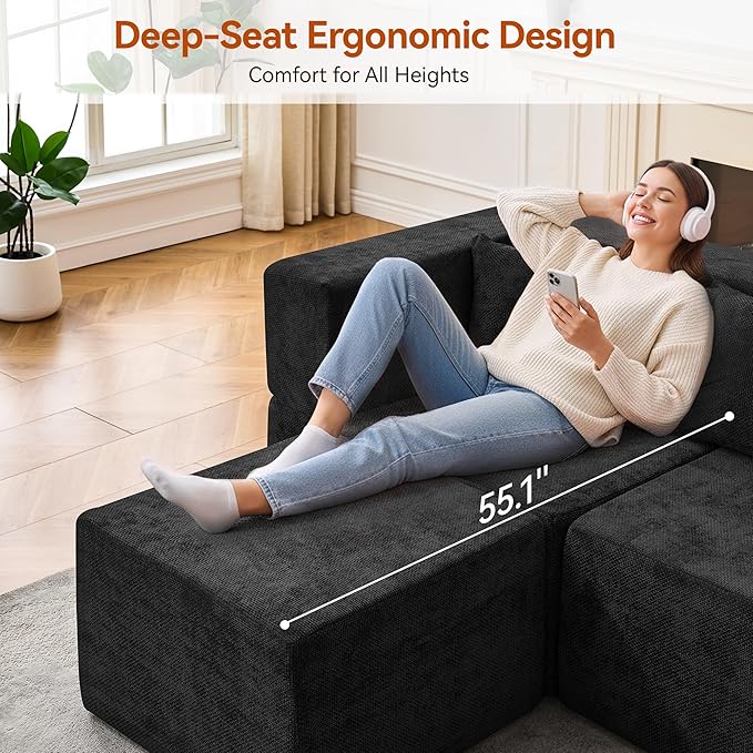 MONVANE Modular Sectional Sofa, Oversized 12 Seat Convertible U Shaped Couch with Ottoman, Comfy Chenille Cloud Couch with Deep Seat, Sectional Couches for Living Room, No Assembly Required, Black