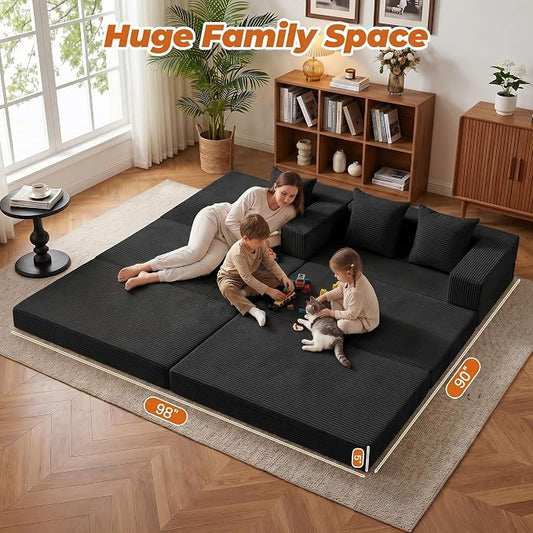6-in-1 Boneless Couches Modular Sectional Sofa | Cloud Couch Sectional & Tri-Folding Mattress | Corduroy Pet-Friendly Convertible Sofa Bed with 800LB Capacity Living Room, Apartment, Guest Room