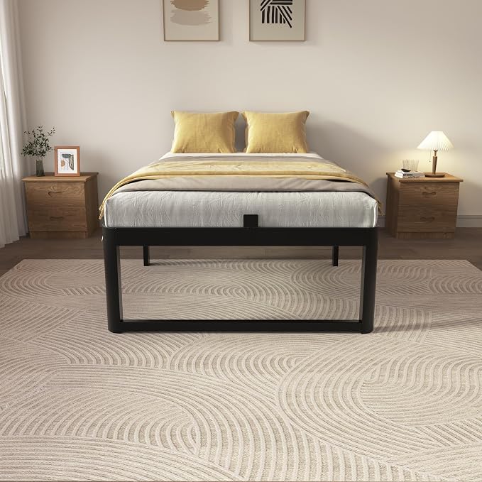 ZTH Twin Size Metal Platform Bed Frame 16 in, No Box Spring Needed, Black | Heavy duty support, Underbed storage, Noise-free design, Anti-slip clips, Rounded legs, Easy assembly, Headboard compatible
