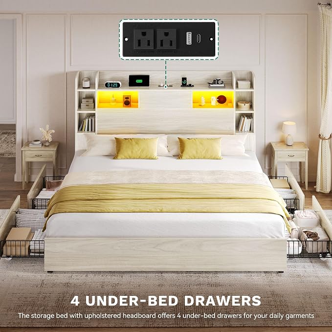 DWVO King Size Bed Frame with Tall Bookcase Headboard and 4 Storage Drawers, RGB LED Bed Frame with Type-C & USB Charging Station Storage Headboard Bed, No Box Spring Needed, Noise Free, Antique White