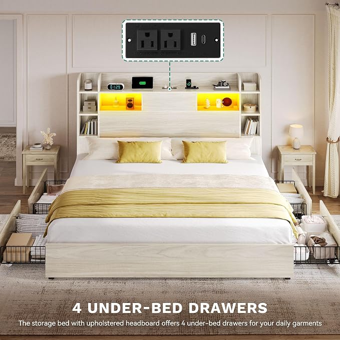 YITAHOME King Size Bed Frame with 51" Tall Bookcase Headboard and 4 Storage Drawers, RGB LED Bed Frame with Type-C&USB Charging Station Storage Bed, No Box Spring Needed, Noise Free, Antique White