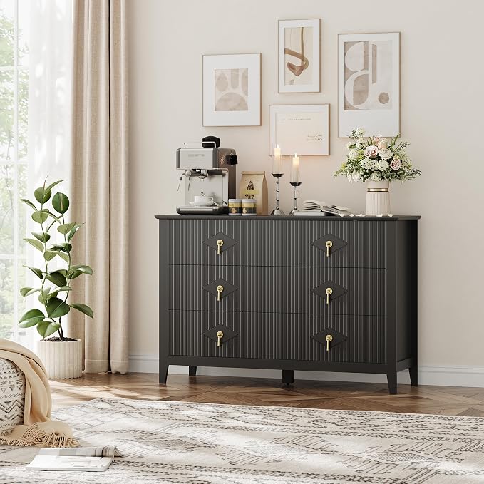 GarveeHome Fluted Dresser for Bedroom, 47.2 Inch Wide 6-Drawer Wood Dresser, Modern Chest of Drawers, Storage Organizer Cabinet for Living Room, Hallway, Entryway, Black