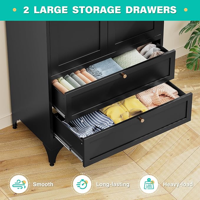 SISESOL Metal Wardrobe Cabinet with Drawer,Armoire Wardrobe Closet with Doors,Black Metal Clothing Storage Cabinet with Adjustable Shelves and Hanging Rod for Bedroom,Laundry,Home