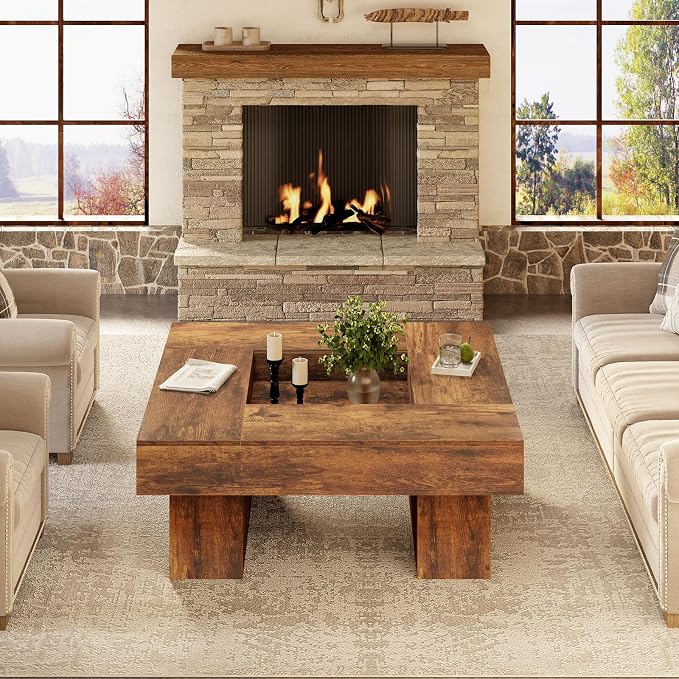 LVB Rustic Coffee Table, Large Wood Living Room Table with Storage, Modern Low Wide Square Led Center Table, Farmhouse Unique Tea Table with LED Light for bedroom Home Office, 39.37 Inch, Rustic Brown