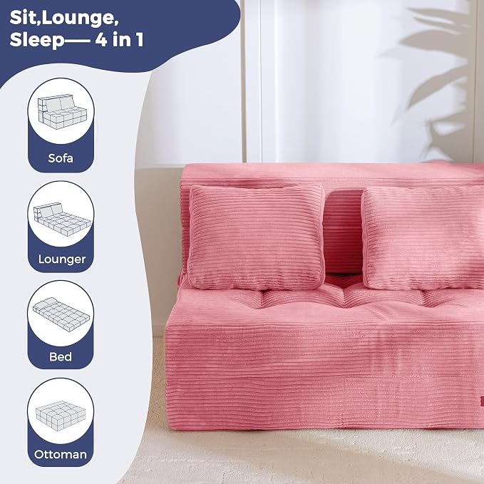 MAXYOYO Convertible Sofa Bed, Fold Out Loveseat Sofa Couch with Pillow, 4 in 1 Tufted Folding Couch Bed Foam Floor Couch, Lazy Chair for Living Room Bedroom Guest Room, Pink