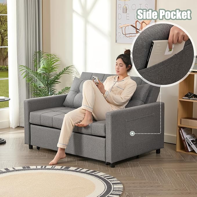 GOSUHI 52" Sleeper Sofa with Pull-Out Bed, 3-in-1 Convertible Sofa Bed, Set of Loveseat with Stepless Adjustable Backrest and Side Pocket, for Living Room Dorm Apartment, Linen, Light Gray