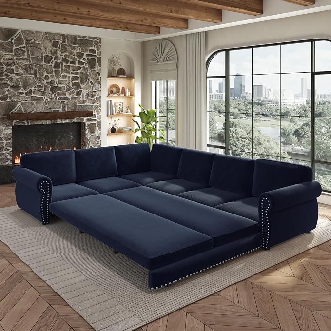 118" L-Shaped Sleeper Couch Bed - Oversize Convertible with Pull-Out Sofa Bed, Button Tufted Chesterfield Sofa, Chenille Sectional Vintage Couches for Living Room/Apartment(6-Seater, Blue) | Oversize Convertible