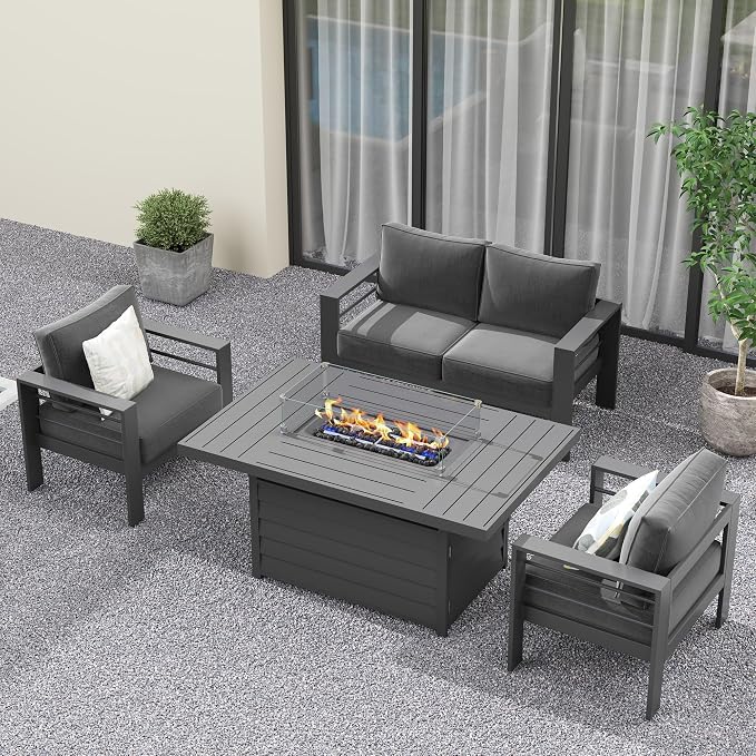 Solaste Aluminum Patio Furniture Set with Fire Pit Table, 4 Piece Metal Outdoor Furniture with Water-Resistant Cushions, Modern Patio Conversation Set for Balcony, Front Porch, and Backyard, Grey