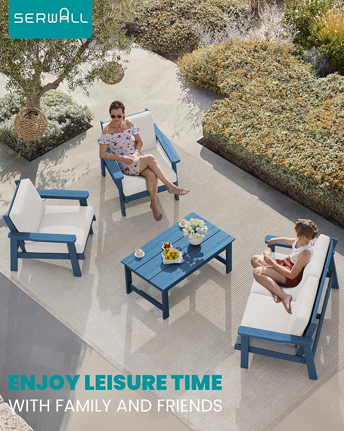 SERWALL Outdoor Patio Furniture Set, 5 Piece HDPE Patio Conversation Sets, All-Weather Wood-Like Outdoor Couch Loveseat and Coffee Table with Thick Cushions for Porch Balcony Garden Backyard