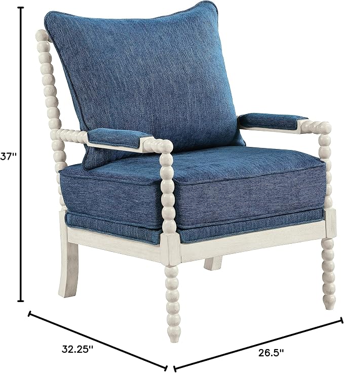 OSP Home Furnishings Kaylee Spindle Accent Chair with Antique White Wood Frame, Navy Blue Fabric