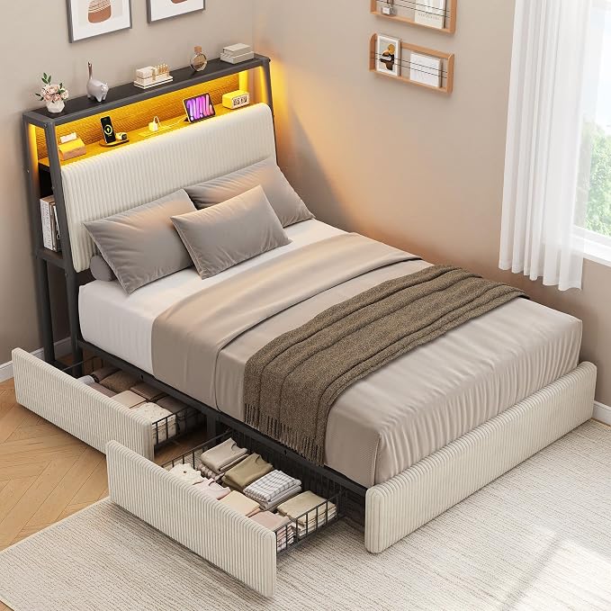 Upholstered Twin Corduroy Bed Frame with 2 Storage Drawers and Charging Station, LED Platform Bed with 3-Tier Storage Bookcase Headboard, Heavy Duty Metal Support, No Box Spring Needed - Beige