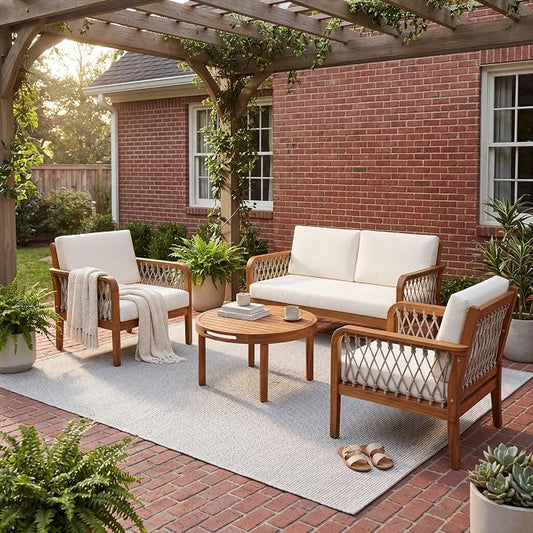 VilroCaz 4-Piece Acacia Wood Outdoor Patio Furniture Set with Loveseat, 2 Club Chair& Coffee Table, All-Weather Conversation Sofa Set with Rope Woven Armrests, Removable Cushions (Teak-N5)