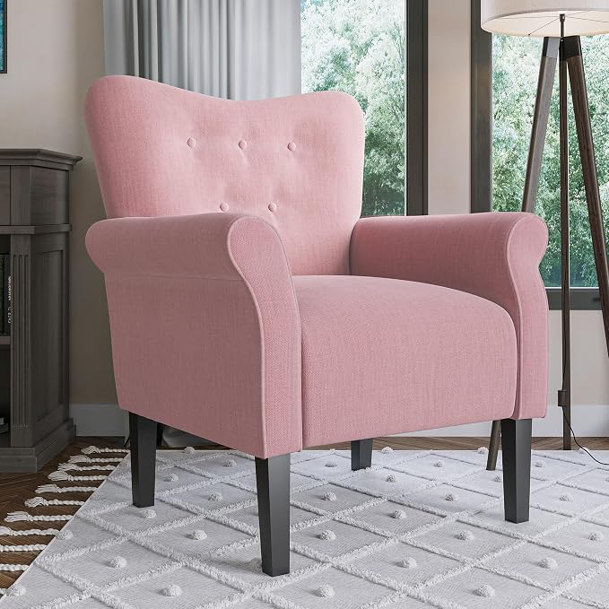 BELLEZE Modern Accent Chair, High Back Armchair, Upholstered Wingback Side Chair, Padded Single Sofa with Wooden Legs for Living Room, Bedroom - Pink