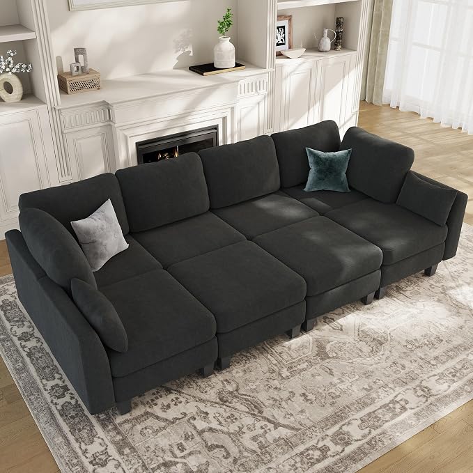 Sectional Sleeper Sofa, 8 Seaters Modular Sleeper Sofa Couch, Comfy Sectionals Couches Bed, Convertible Sofas with Ottomans, Modular Sectional Couches for Living Room, Dark Grey