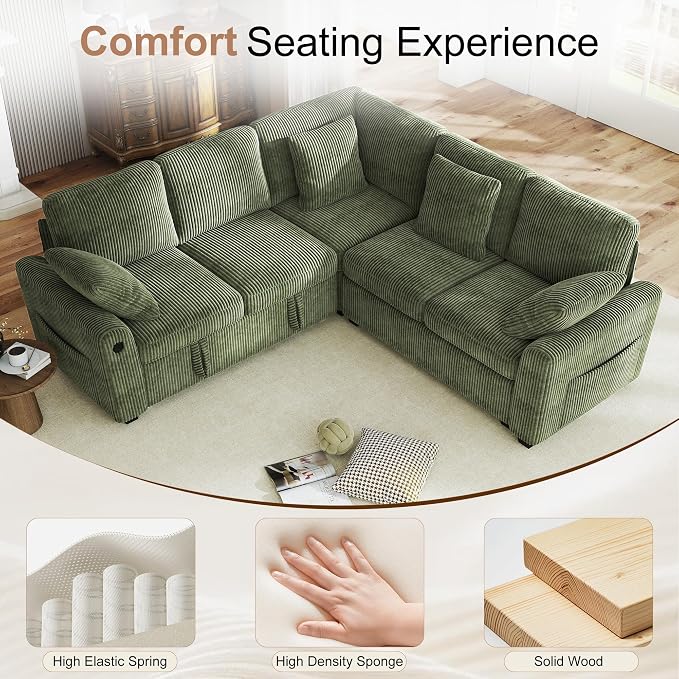 Hanherry Sectional Couch with Pull Out Sofa Bed,Corduroy Sleeper Sofa with 2 Seat Storage & USB Charging,Comfy L Shaped Modular Couches for Living Room,Apartment
