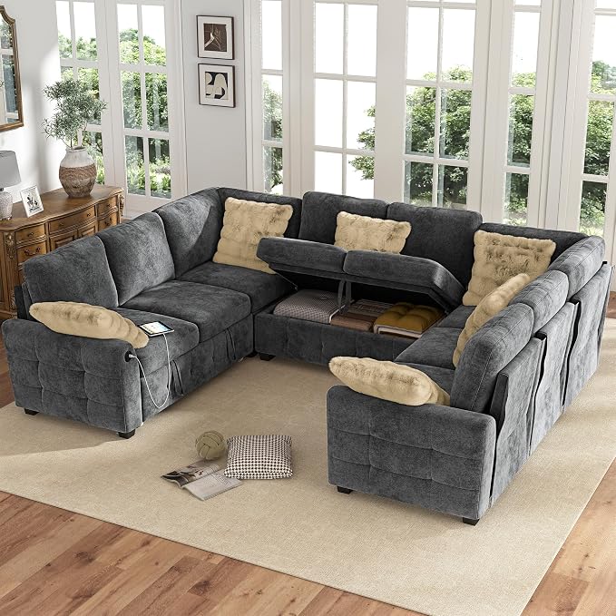 Hanherry Sectional Couch with Pull Out Sofa Bed,Chenille Sleeper Sofa with 2 Seat Storage & USB Charging,Comfy L Shaped Modular Couches for Living Room,Apartment