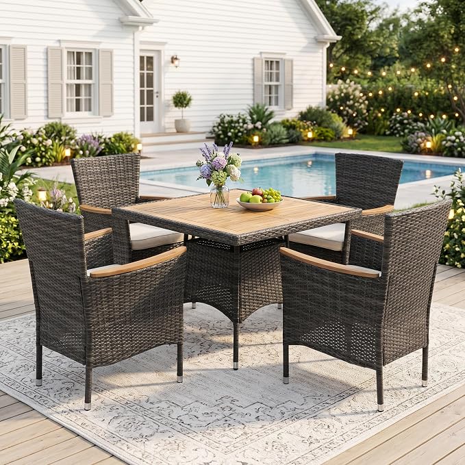 Wisteria Lane 5-Pieces Patio Dining Sets, Rattan Outdoor Table and Chairs with Acacia Wood Tabletop, Metal Patio Dining Furniture for 4 with Removable Cushions for Deck Garden Backyard, Grey