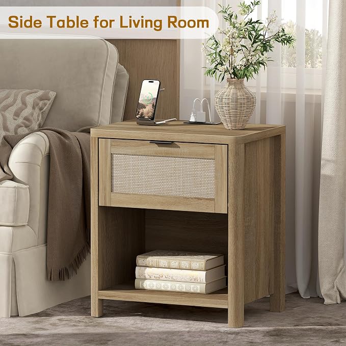 Boho Nightstand with Charging Station, Large Bedside Table with Drawer & Open Storage Shelf, Mid-Century Modern End Table Rattan-Look Drawer, Accent Side Table with Rounded Corners for Bedroom