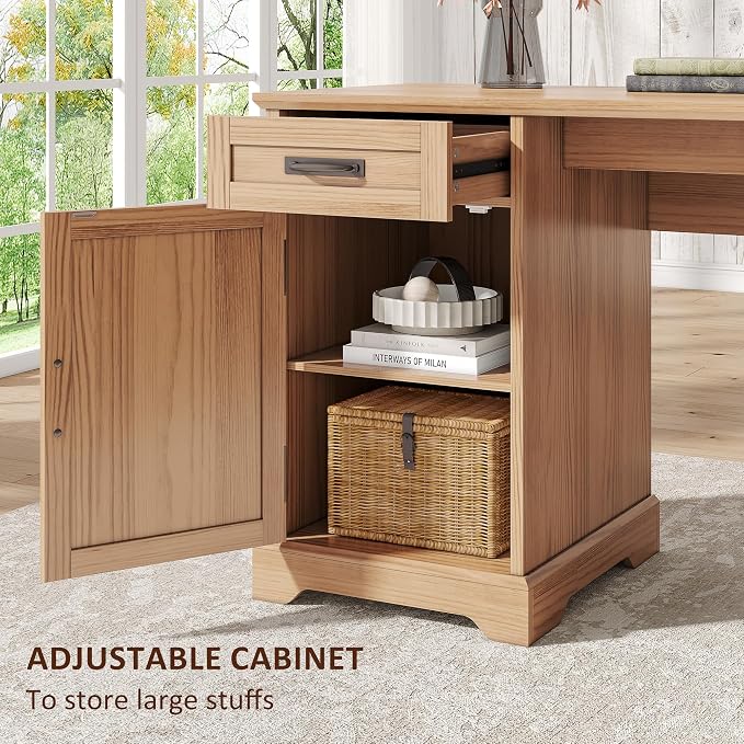 Whalefall 67'' Farmhouse L-Shaped Desk with Drawers for Home Office, Walnut | Computer Corner Desk with File Cabinet and Charging Station, Large Executive L Desk with Locking Drawers Storage