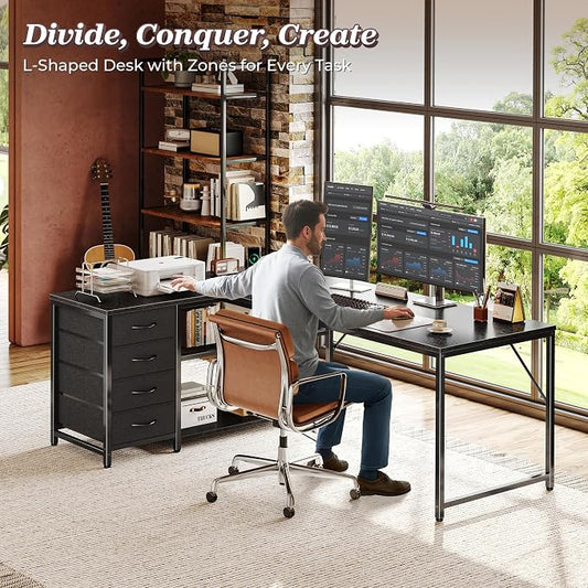 PRAISUN 61" L Shaped Desk with Power Outlets & USB-C Port, Reversible Computer Corner Office Desk with 4 Fabric Drawers and 2 Storage Shelves, Large Desk for Gaming Writing Study, Black