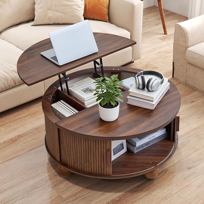 Round Lift Top Coffee Table with Hidden Storage, 33.5'' Mid-Century Modern Fluted Coffee Table with Sliding Tambour Door & Solid Wood Legs, Circle Center Table for Living Room, Small Space (Walnut)