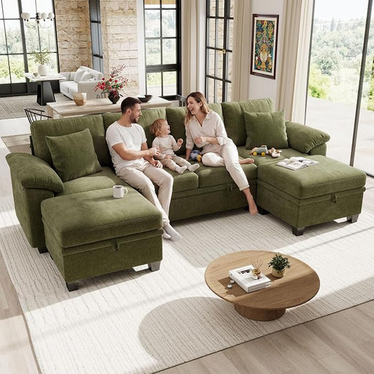 Ihanherry 108" Modular Sectional Sofa with Pull Out Bed, 6-Seater U Shaped Sectional Sleeper Couch with Storage Ottoman, Chenille Convertible Couches for Living Room, Apartment (Green)