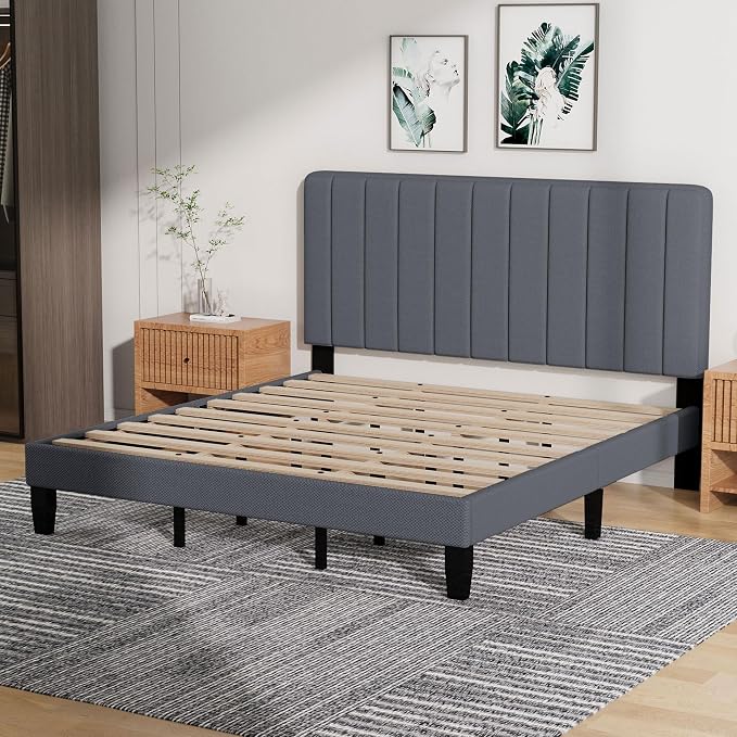King Size Bed Frame with Headboard, Platform Bed with Soft Linen Upholstered Headboard | Wooden Slats Support | Adjustable Height | No Box Spring Needed, King Bed Frame Grey