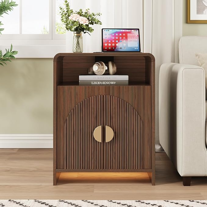 Nightstand with Charging Station and LED Lights, Night Stands with Adjustable Storage Cabinet, Modern Side Table with Fluted Doors and Open Storage, Bedside Table for Bedroom, Walnut