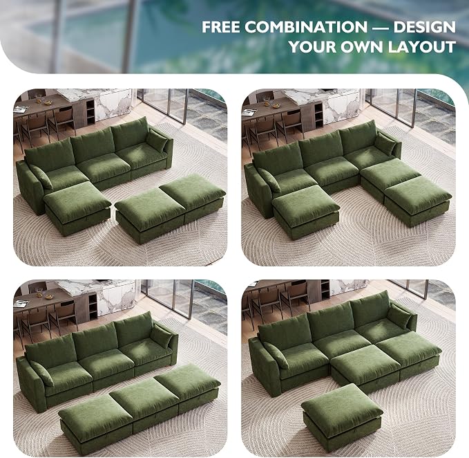 Ihanherry 117" Oversized Modular Sectional Sofa, Modern Cloud Couch with 3 Storage Ottoman, 6-Seat Comfy Chenille Deep Seat Sofa with 2 Pillows for Living Room, Green