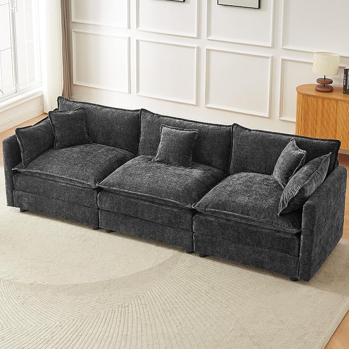 Modular Sectional Sofa, 112.2 Inch Rectangle Shaped Couch Set with Armrests, 3-Seater Comfy Cloud Couches for Living Room Apartment, Grey