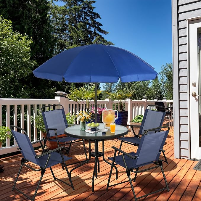 Vongrasig 6 Pieces Folding Patio Dining Set, All Weather Small Metal Outdoor Table and Chair Set, Garden Patio Furniture Set w/Umbrella, Glass Table & 4 Folding Chairs for Lawn, Backyard, Blue