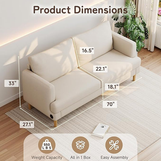 70" Modern Loveseat Sofa with USB Type-C Ports, Linen Fabric 2-Seater Deep Seat Couch, Cozy Small Couch Sofa for Living Room Bedroom Office Apartment (Beige)