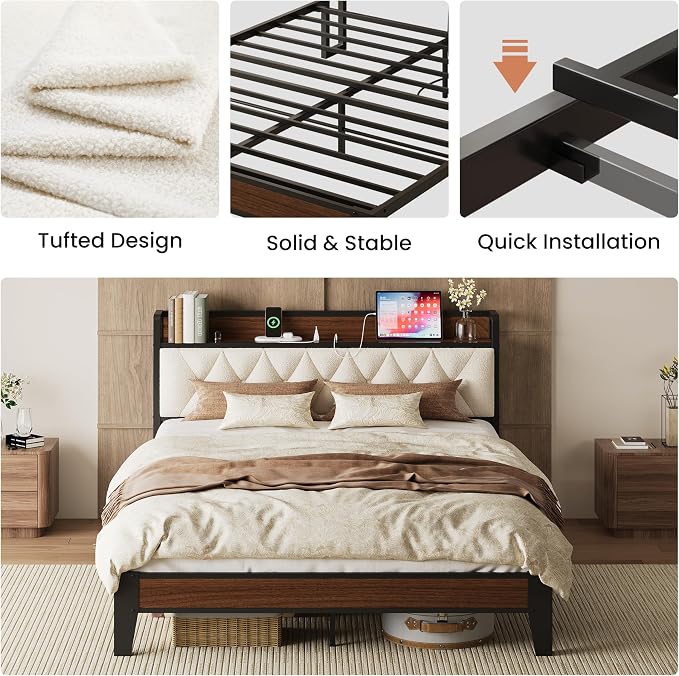 ANCTOR Queen Bed Frame with Storage Headboard & Charging Station, Metal Platform Queen Bed, Upholstered Tufted Headboard, Heavy Duty Slat Support, Noise Free, No Box Spring Needed, Walnut and Cream