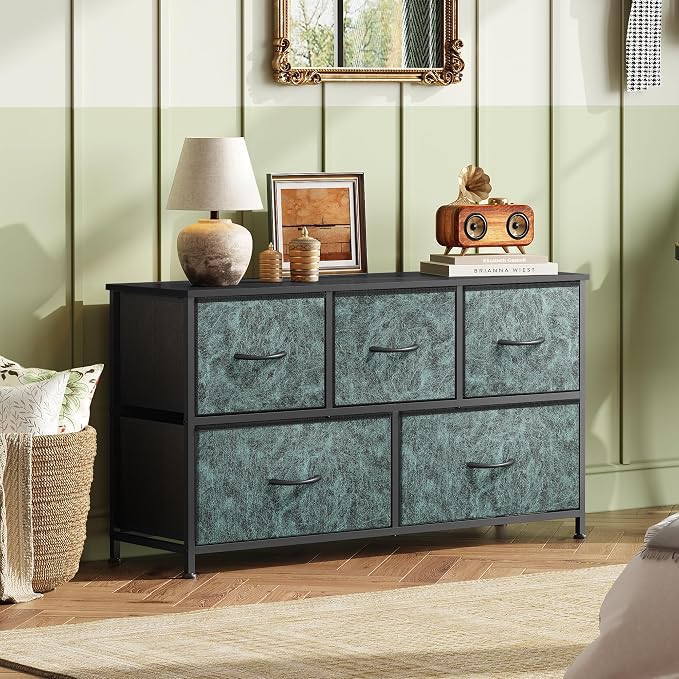 WLIVE Dresser for Bedroom with 5 Drawers, Wide Chest of Drawers, Fabric Dresser, Storage Organizer Unit with Fabric Bins for Closet, Living Room, Hallway, Vintage Green