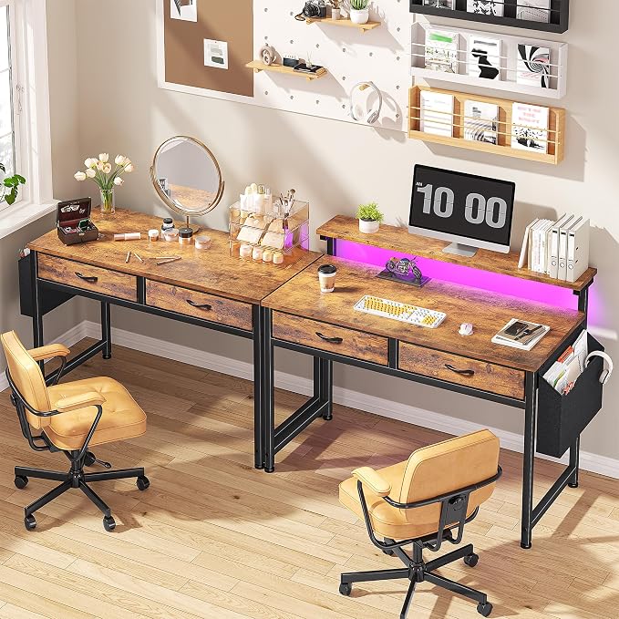 Gaming Desk with LED Lights with 2 Drawers, 31 Inch Desk Home Office Desk Computer Desk with Side Pocket & Ergonomic Monitor Stand, Small Space Study Writing Table with Anti-Tip Design, Rustic Brown