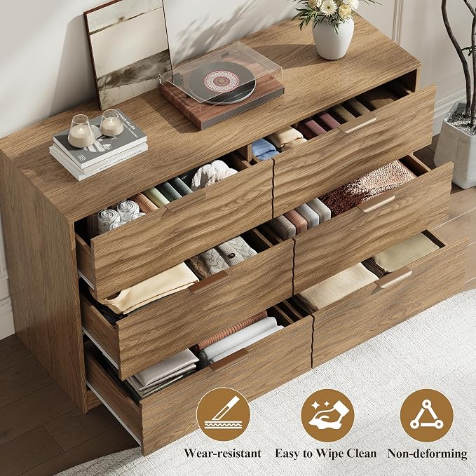 Coastline Fluted 6 Drawers Dresser for Bedroom, 55" Wide Modern Chest of TV Stand Organizers with Metal Handle, Storage Wooden Dresser Drawer for Living Room, Hallway, Closet,Walnut Wood